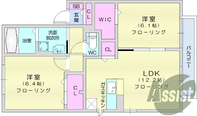 2LDK、BSアンテナ、カードキー、バストイレ別、角部屋