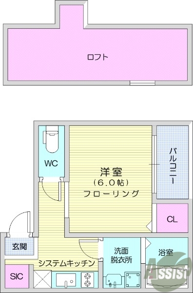 1K、ロフト、シーリングファン、エアコン。