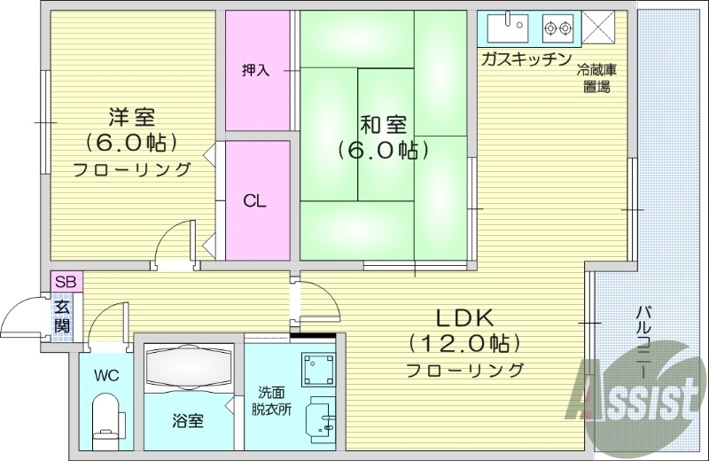 2LDK、バストイレ別、バルコニー付き、独立洗面化粧台
