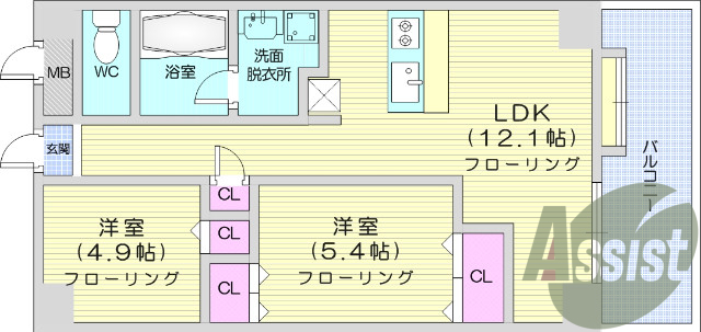 2LDK、システムキッチン、照明器具、カーテン