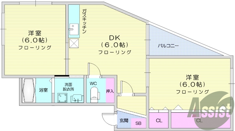 2DK、エアコン、ウォシュレット、独立洗面台