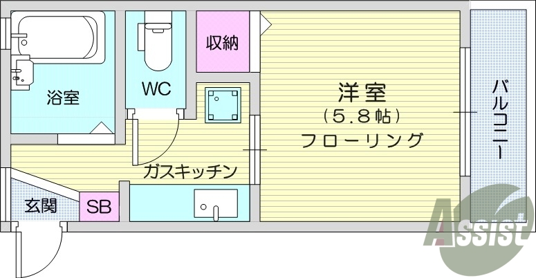 1K、バルコニー、エアコン、温水洗浄便座、バストイレ別