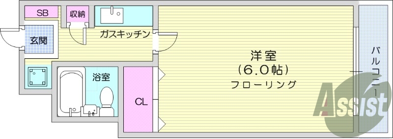 1K、エアコン、バストイレ同室、クローゼット