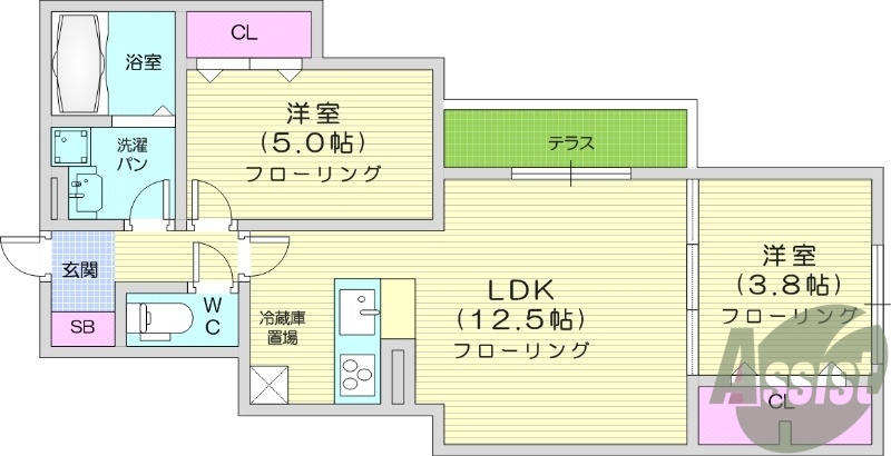 2LDK、バルコニー、エアコン2基、宅配ボックス