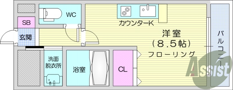 ワンルーム、南向き、洋室8.5帖、インターネット使用料無料