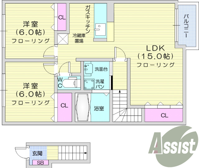 2LDK、南東向き、バストイレ別、LDK15帖、日当たり良好