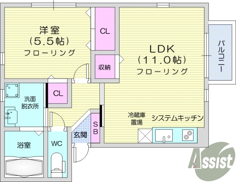 1LDK、オール電化、シャワー付洗面化粧台。