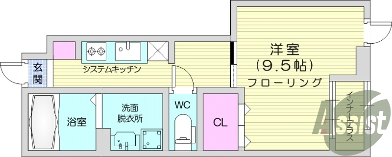 1K、システムキッチン、エアコン、独立洗面台