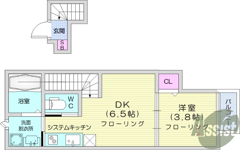 1DK、バストイレ別、追い炊き機能、バルコニー付き