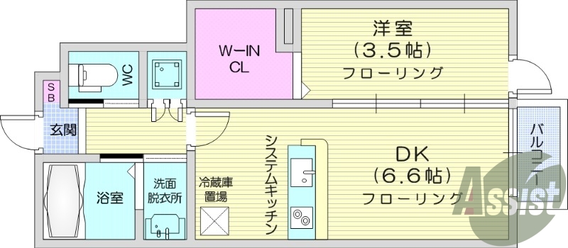 1DK、システムキッチン、エアコン、独立洗面台