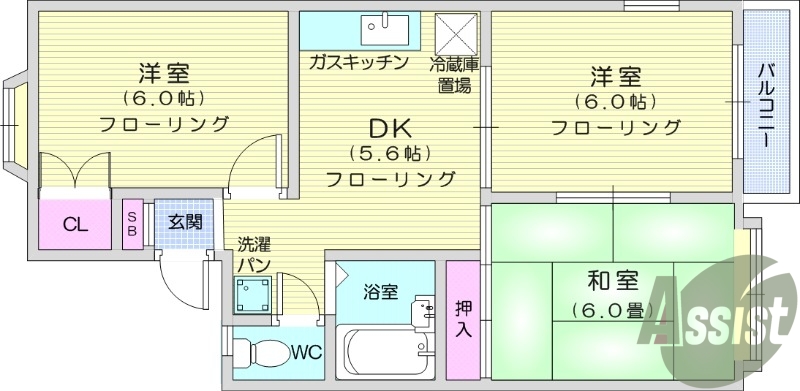3DK、バストイレ別、追い焚き機能、室内洗濯機置場、エアコン