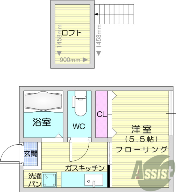 1K、キッチン、フローリング、ロフト、バストイレ別