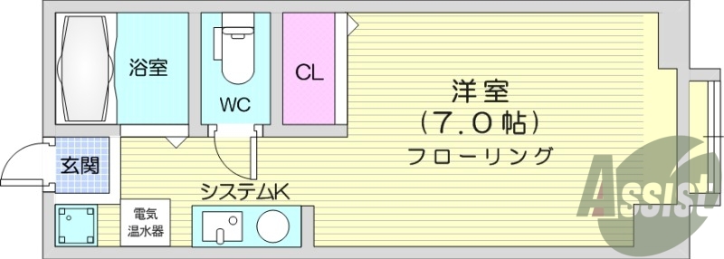 1R、バストイレ別、オール電化、室内洗濯機置き場