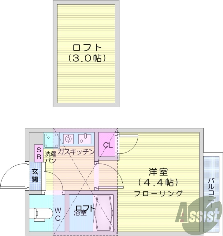 南向きロフト付き1K、エアコン、温水洗浄便座付き。