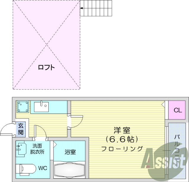 1K、デザイナーズ、ロフト、バストイレ別、洗面台、エアコン