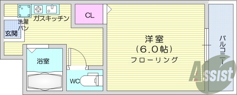 1K、家具家電付き、バストイレ別、バルコニー