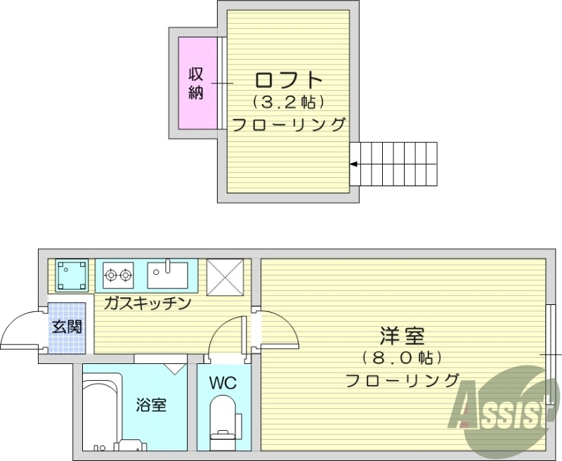 1K、エアコン、バストイレ別、コンロ設置可