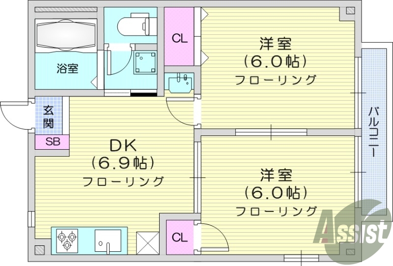 2DK、独立洗面化粧台、エアコン、室内洗濯機置き場