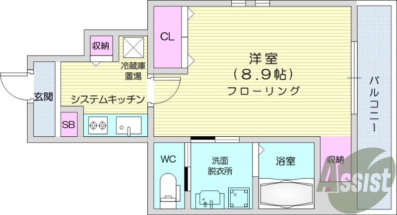 1K、浴室乾燥機、エアコン、バルコニー。