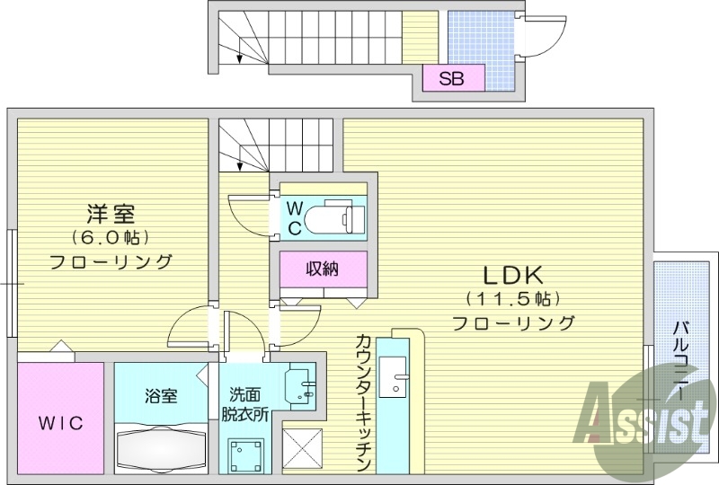 1LDK、洗面所独立、エアコン、バストイレ別