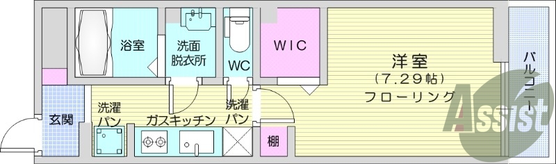 1K、浴室乾燥機、システムキッチン、ウォークインクローゼット