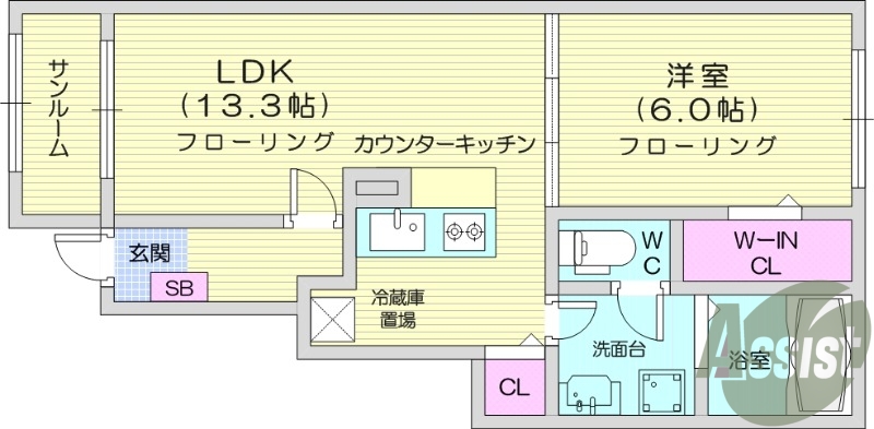 １LDK、ウォークインクローゼット、カウンターキッチン