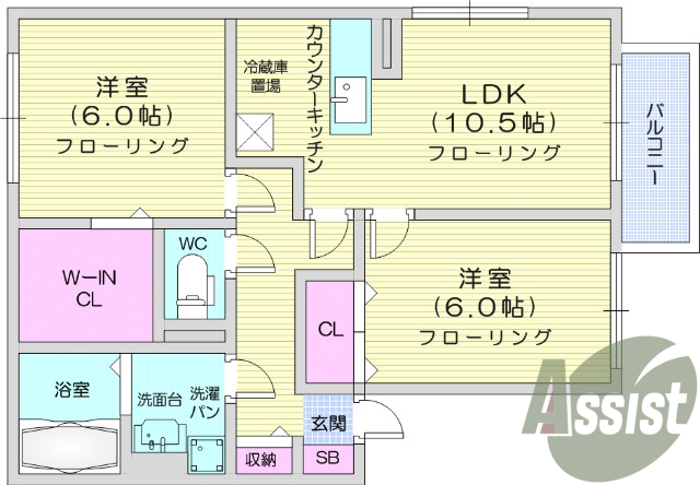 2LDK、バストイレ別、エアコン、TVインターホン。