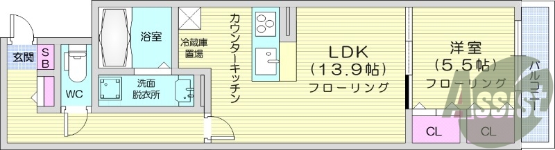 1LDK、浴室乾燥機、オートロック、カウンターキッチン