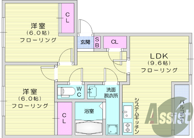 2LDK、フローリング、システムキッチン、BS、追い焚き給湯