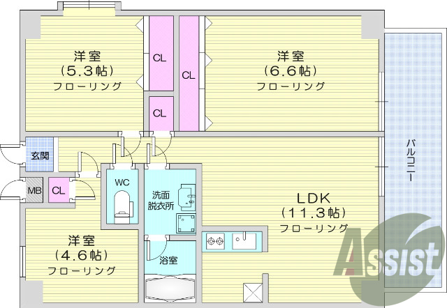 3LDK、システムキッチン、照明器具、カーテン