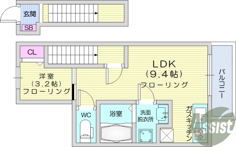 1LDK、エアコン、室内洗濯機置き場、トイレ浴室別、収納
