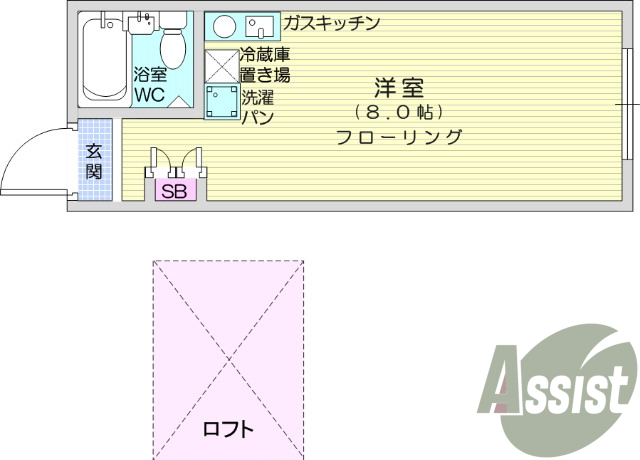 １R、ロフト付き、角部屋、プロパン、給湯、エアコン