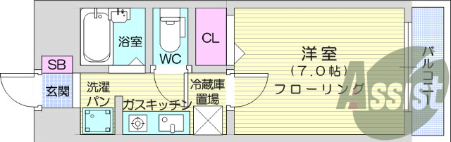 1Ｋ，エアコン、室内洗濯機置場、バルコニー、風呂トイレ別
