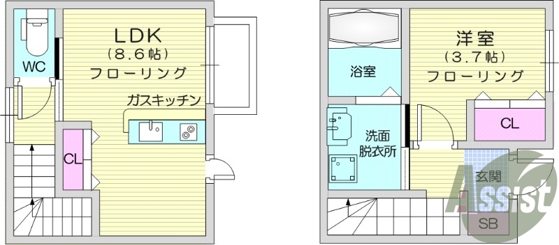 １LDK、メゾネット、エアコン、独立洗面台