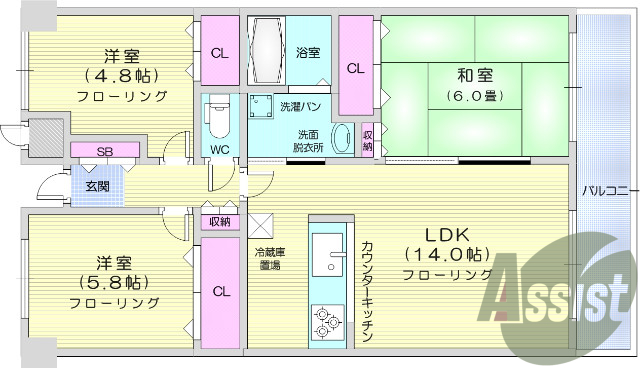 3LDK、カウンターキッチン、ガスコンロ付き、オートロック