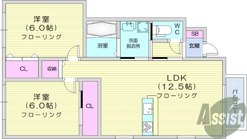 2LDK、バルコニー、独立洗面台、クローゼット