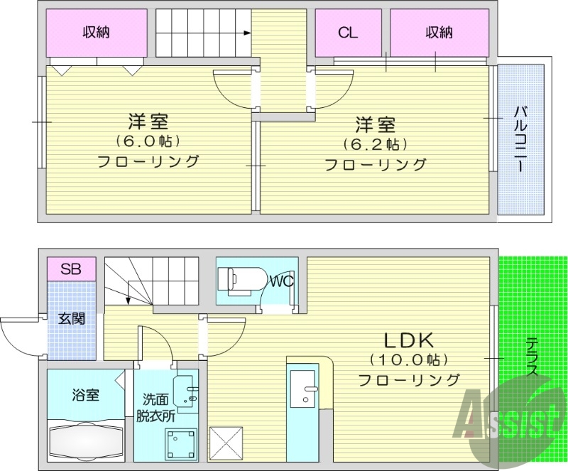 2LDK、メゾネット、エアコン、モニター付きインターホン