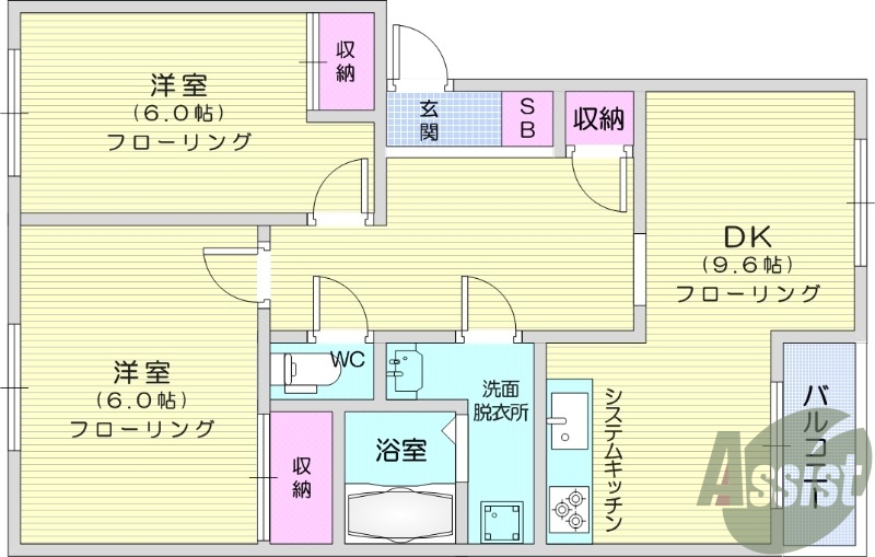 2DK、追い焚き機能、独立洗面台、システムキッチン