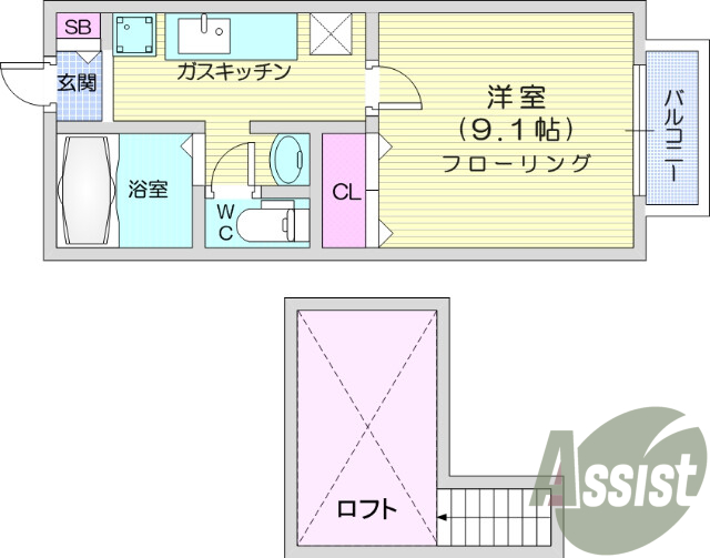 1K、バス・トイレ別、BSアンテナ、インターホン（モニタ付）