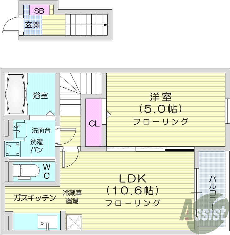 １LDK、独立洗面台、南向き、追い焚き、エアコン２基