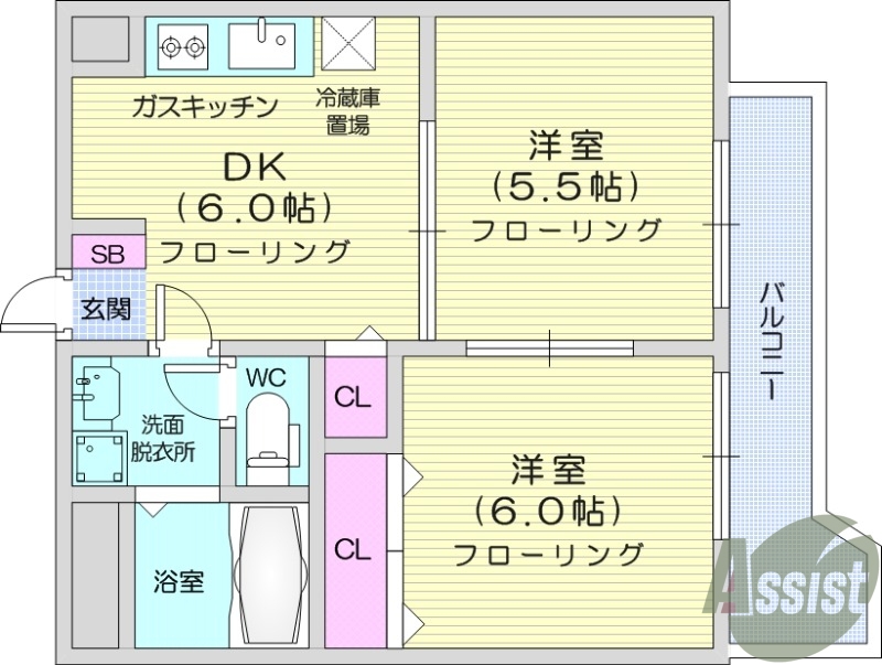 2DK、独立洗面台、シューズボックス、システムキッチン