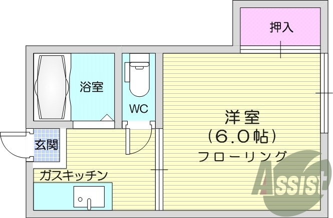 1K、押入、洋室、バストイレ別、インターホン、給湯