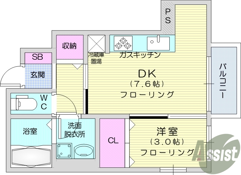 1DK、エアコン、フローリング、バルコニー