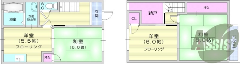 3SK、バス・トイレ別、温水洗浄便座、室内洗濯機置場