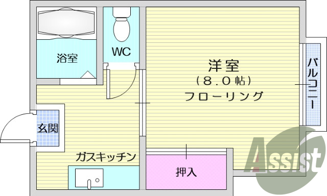 1K、フローリング、バストイレ別、押入れ、室内洗濯機置場