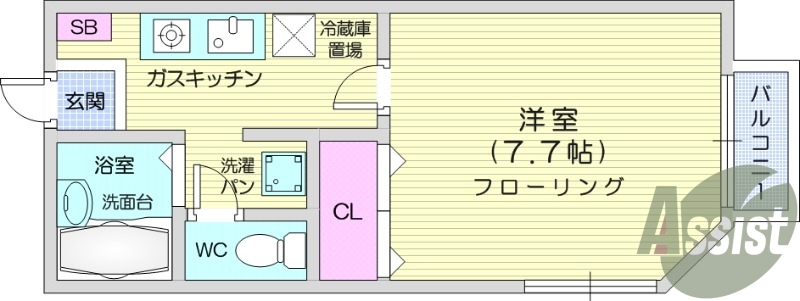 1K、バストイレ別、クローゼット、バルコニー