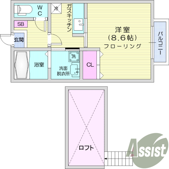 1K、シューズボックス、ロフト、脱衣所、独立洗面台