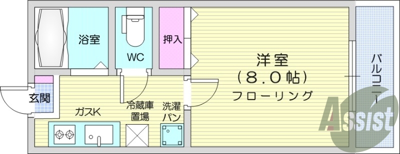 1K、モニター付きインターホン、バストイレ別、室内洗濯機置場