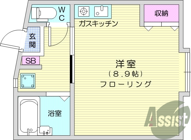 1K、バストイレ別、1口ガスコンロ、エアコン、温水洗浄便座