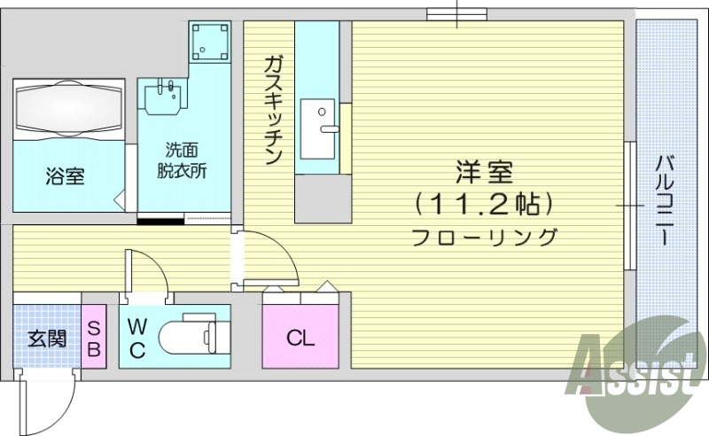 1DK、バストイレ別、温水洗浄便座付き、室内洗濯置場